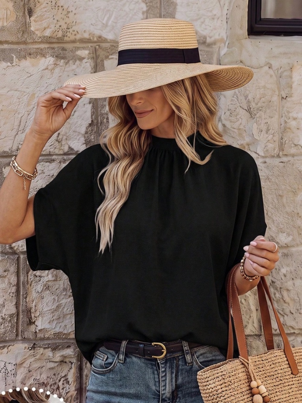 Black Blouse Top Flowy, High Neck